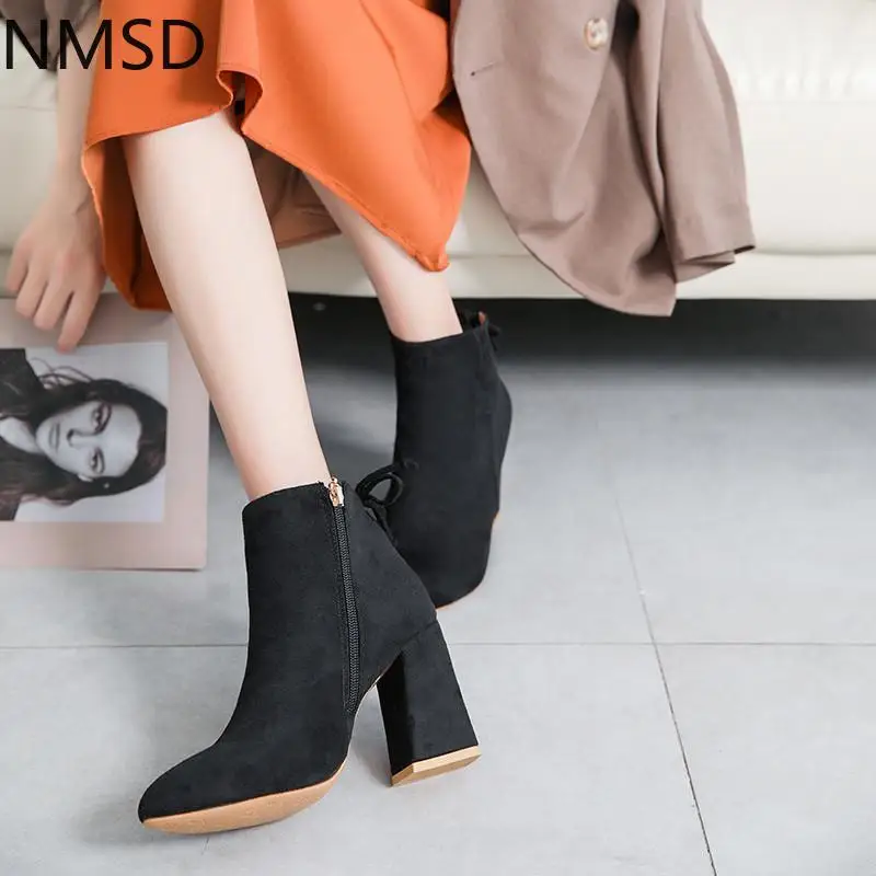 

Women Mid Calf Boots Yellow Color Pointed Toe Zippers Autumn Spring 2020 Casual Lace-up High Heel Boots Ankle Boot Winter