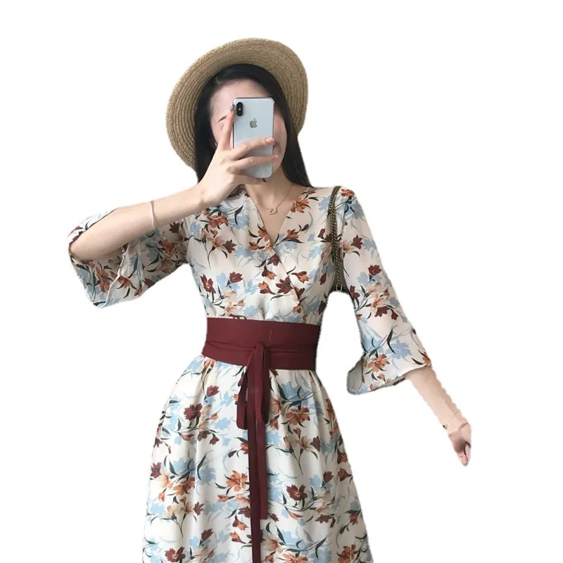 

Kimono for Women 2021 Japanese Vintage Style Long Sleeve V-Neck Floral Printing Red Bow Belt Thin Slim Dresses Elegant Clothing