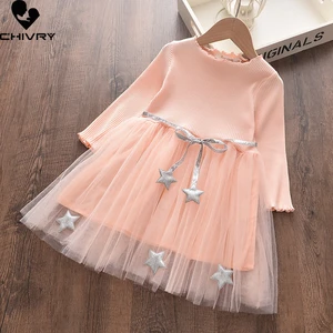 Spring Autumn 2022 Girls Solid Long Sleeve O-neck Mesh Pleated Dresses with Belt Baby Girls Fashion Star Decor Princess Dress
