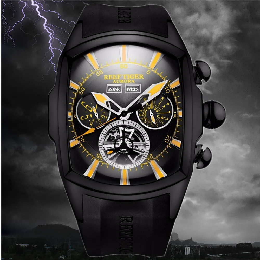 Риф Тигр/RT большие спортивные часы для мужчин турбийон Резиновый Ремешок