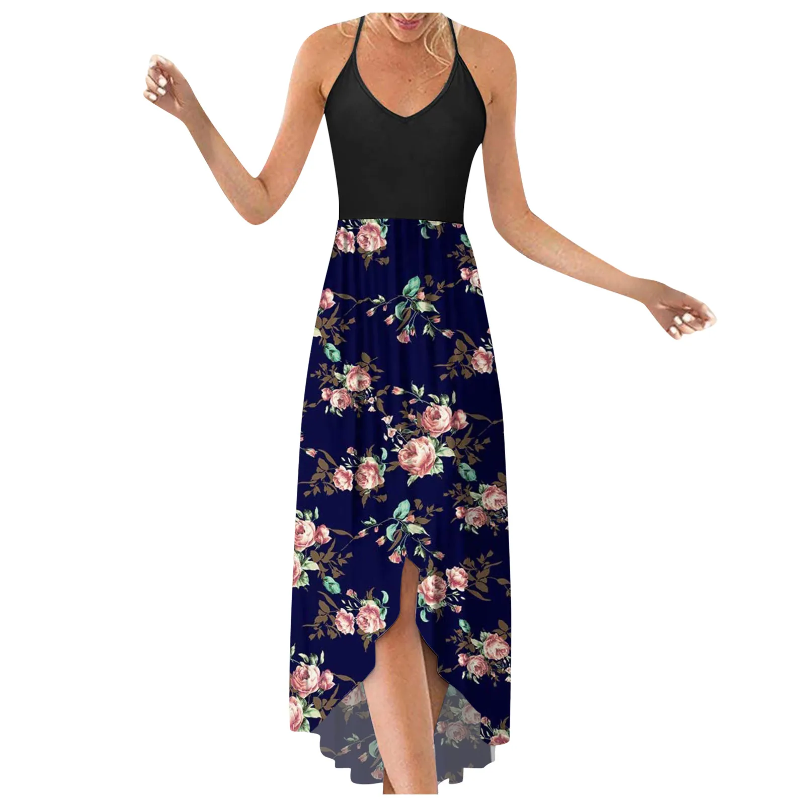 

Floral Dress Women Halter Sleeveless Casual Bohemian Beach Maxi Dress Sexy Backless Irregularlargehem Holiday Sundress Vestido