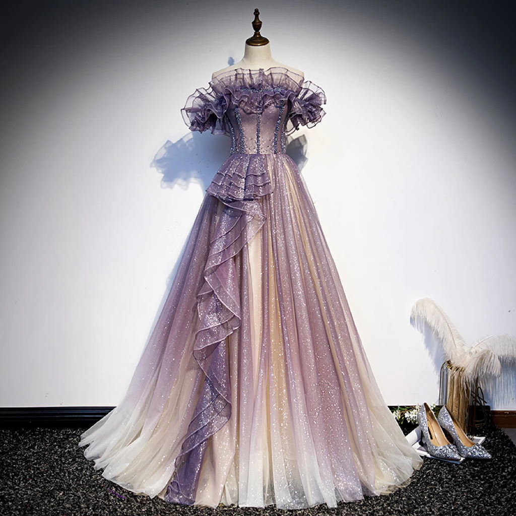

Luxurious Purple Evening Dresses Pleat Boat Neck Shiny Lcae Beads Empire Lace Up A-Line Wedding Party Bridesmaid Prom Gowns New