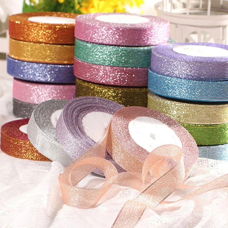 

25mm*25yards Glitter Silk Satin Ribbons DIY Organza Tulle Ribbon Sewing Metallic Fabric Wedding Xmas Home Bow Gift Wrapping