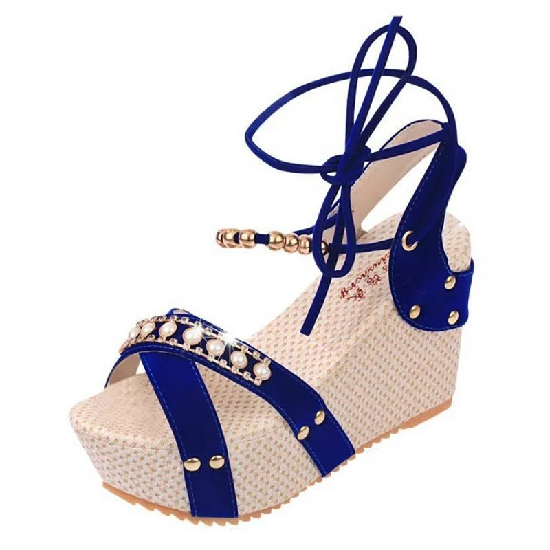 Женские босоножки на высокой танкетке Летняя обувь платформе с кристаллами и