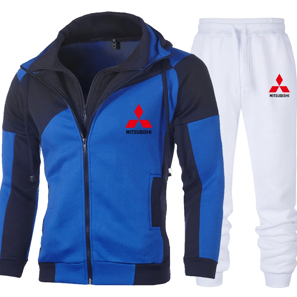 

Winter New Mitsubishi Printed Fleece Double Zip Hoodie Men's Suit Fashion Casual Hoodie + Pants Men's Sportswear Two-piece Set