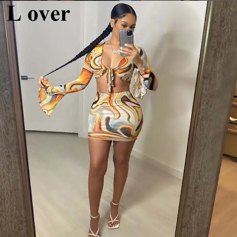 

Bow Lace Print Sheath Sexy Women Two Piece Sets 2021 Flare Sleeve V-Neck Summer Skirt Suits Female Mesh Ruched Clubwear Outfits