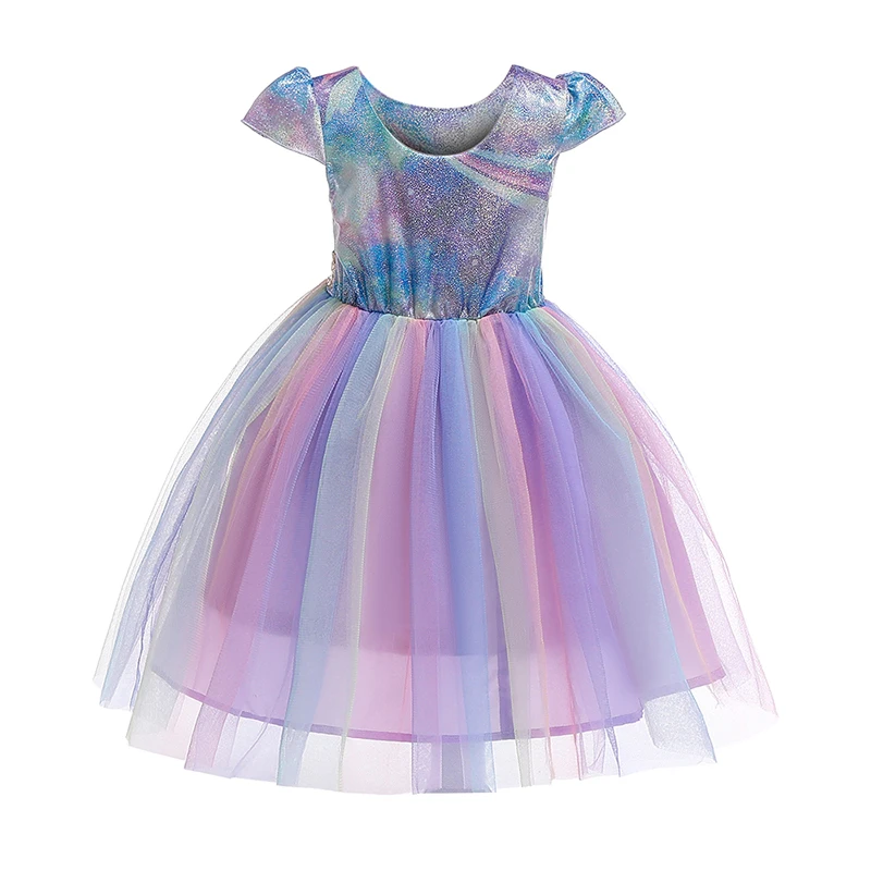 

Tutu Princess Dress The New Cute Mesh Cotton Dress for Girls Bow Stage Party Rainbow Colorful Kids Dresses for Girls Clothes
