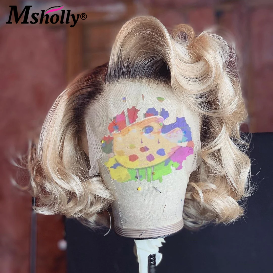 

200%, парики из человеческих волос цвета шампанского с эффектом омбре, 13x4, на сетке спереди, короткий кудрявый парик, без клея, бразильские пре...