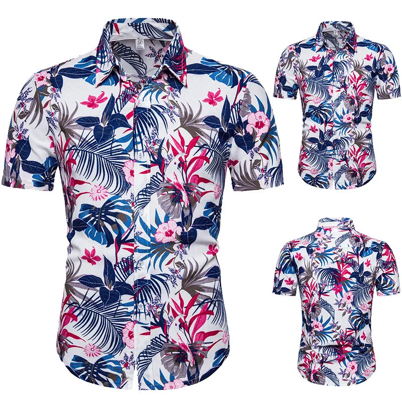 Гавайская рубашка мужская с коротким рукавом хлопок Повседневная приталенная