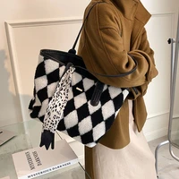 checkerboard plaid winter women tote plush furry ladies handbags faux fur shopper female shoulder bag work large scarves purses
