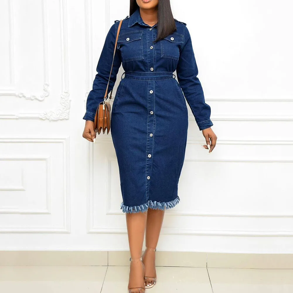 

African Women New Dress Cowboy Solid Color Single Breasted Long Sleeve 2021 Autumn Winter Fashion Temperament Western Style