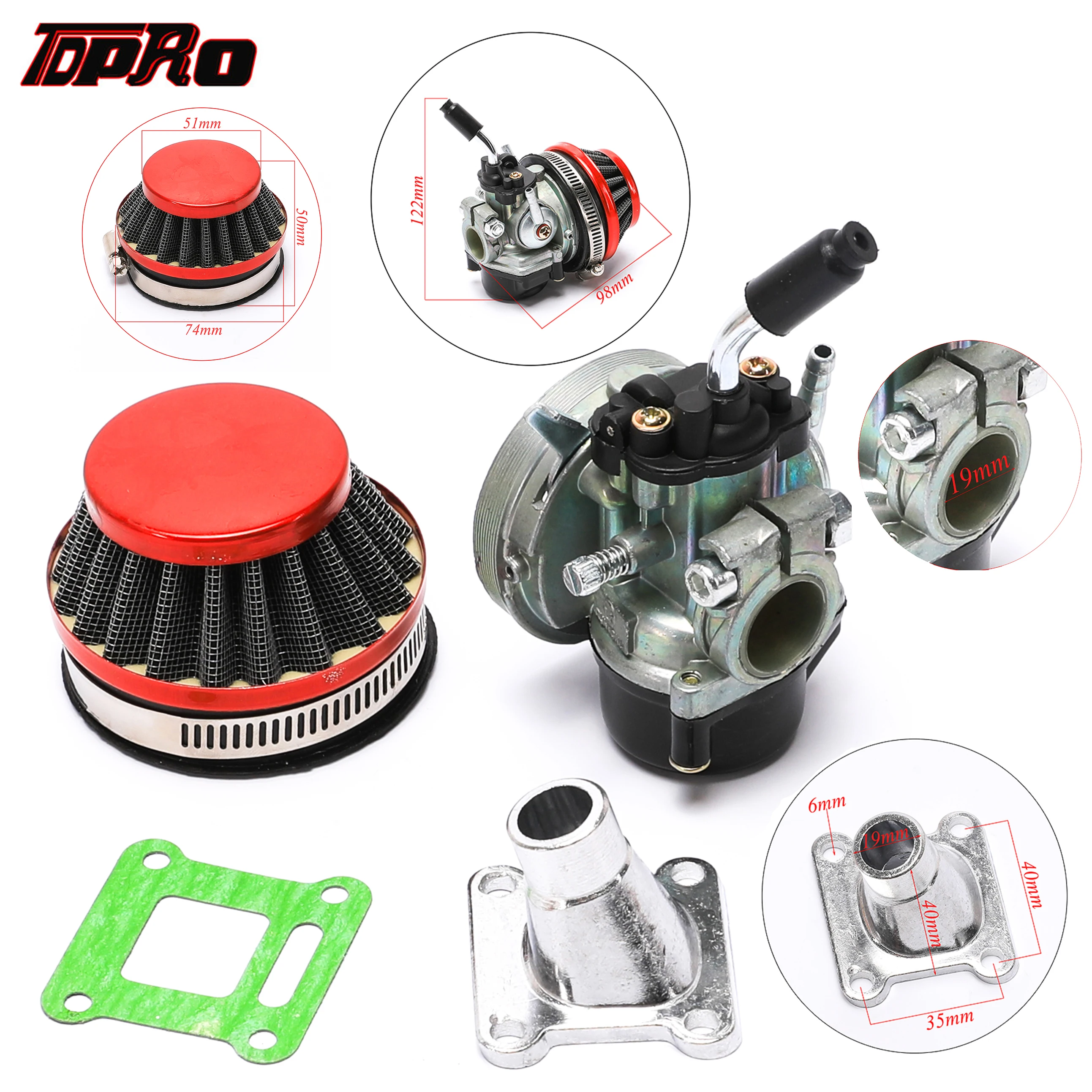 

TDPRO 19mm Racing Carburetor + Air Filter For Motorcycle 2 Stroke 49cc 66cc 70cc 80cc Engines Mini ATV Dirt Pocket Bike Go Kart