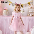 Платье для девочек VIKITA, Детская летняя одежда с единорогом, розовые платья для девочек, Enfant Licorne Vestidos, детское платье принцессы с коротким рукавом