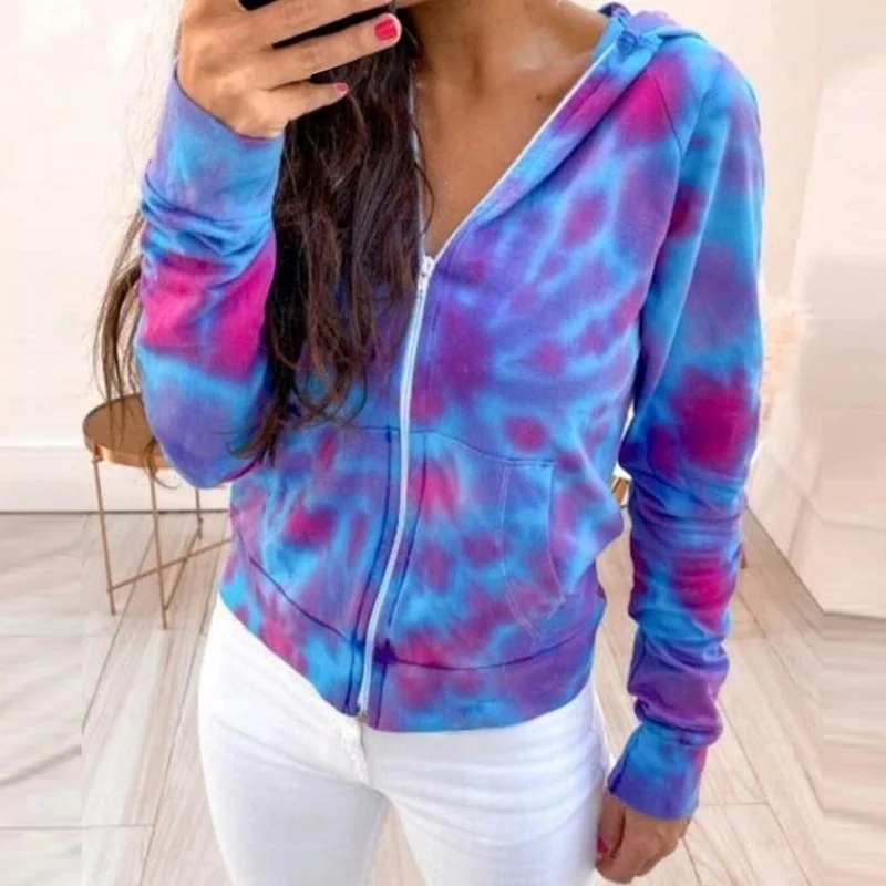 

Tie Dye Slim Casual Woman Jacket Zipper Patchwork Cotton Summer Outdoor Tops Turn Down Collar Pocket Elastic Zip up Hoodies 2021