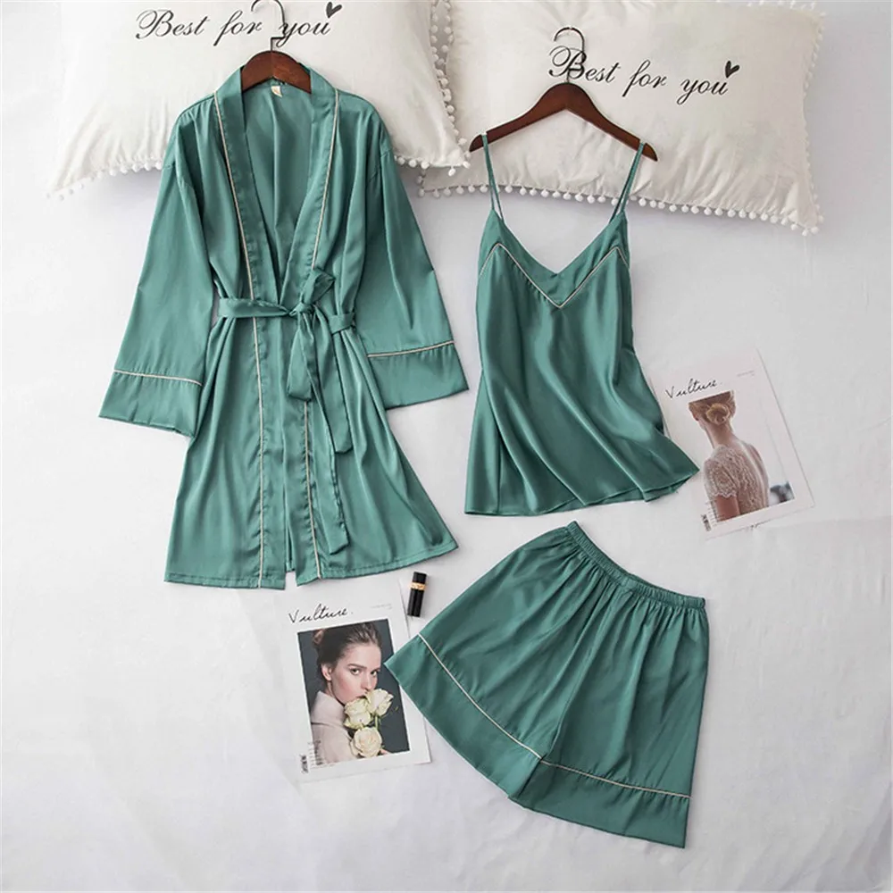 

Summer Women Pajamas Set Loose Casual Kimono Bathrobe Gown Sexy 3PCS Sleepwear Faux Silk Satin Female Loungewear Home Suit