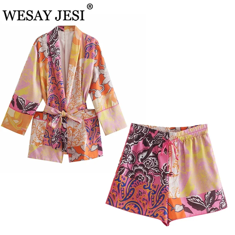 

WESAY JESI Women Clothing Shorts Sets Vintage Print Kimono Shirt High Waist Elastic Drawstring Shorts Casual Suits With Shorts