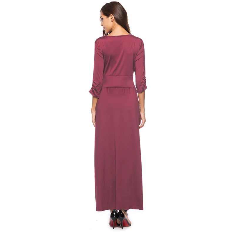 

Stretchy Women Pencil Dress Autumn Winter Solid Vestidos Three Quarter Sleeve Deep V Neck Slim Lady Chic Ball Gown Dress