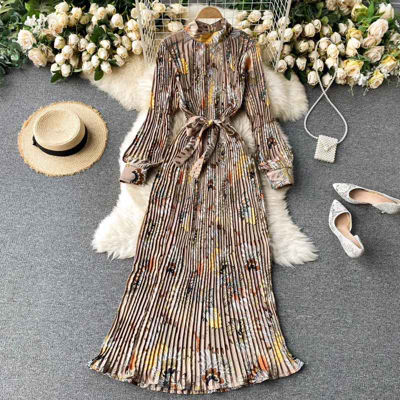 

Slim Long Sleeves Lace Up Wild Floral Maxi Vestidos 2021 Autumn New Dress Temperament Turtleneck Waist