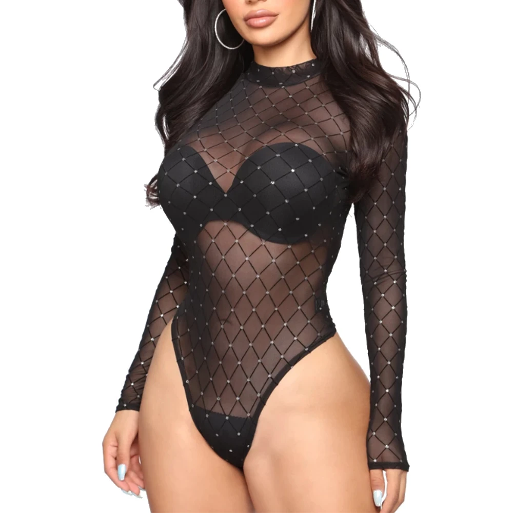 

Women Sexy High Neck Mesh Sexy Women's Sheer Fish Net Bodysuit Ladies One Piece Leotard Solid Color Long-Sleeve Leotard Top Club