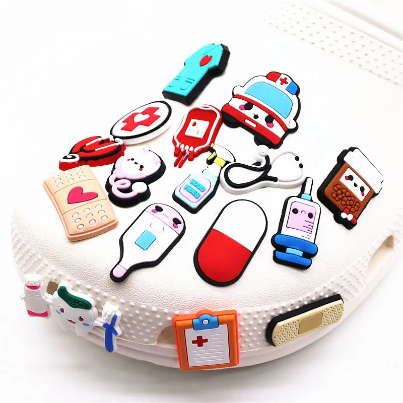 Freeshipping 1pcs Medical Shoe Charms Accessories Cute Stethoscope Syringe PVC Shoe Decoration JIBZ fit Croc Bracelet Kids Gifts