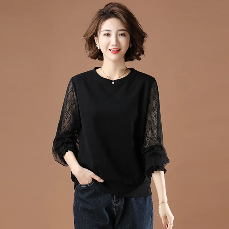 

#9170 Autumn Full Sleeve Mesh Sweatershirts Ladies Spring Autumn Vintage Cotton Sweatshirt Women Sleeve See Through Tops Black