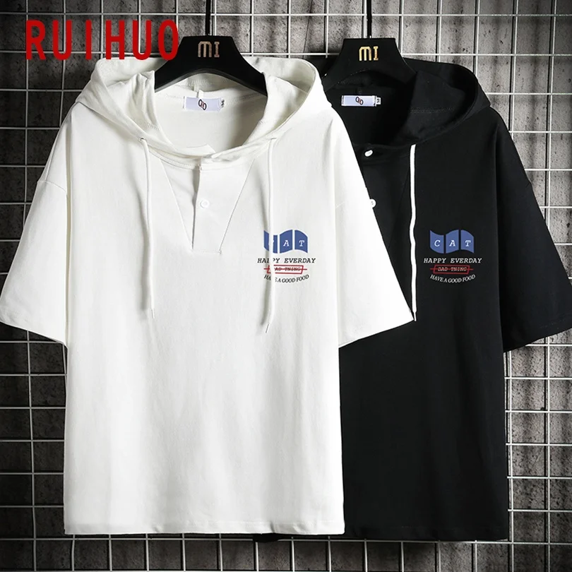 

RUIHUO Harajuku Hoodie Men Streetwear Short Sleeve Hoodies Men Clothing Workout Hoodies For Men Tops M-5XL 2021 New Arrival