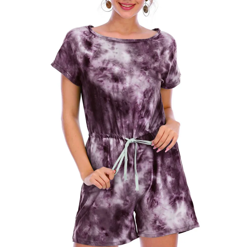 

Women Rompers Jumpsuit Romper Fashion Summer Waist Tie-dye Printed Round Neck Short Sleeve Short jumpsuit