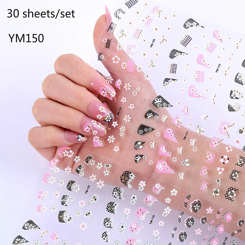 30 листов/Набор 3D наклейки для ногтей случайные красочные с черными и белыми