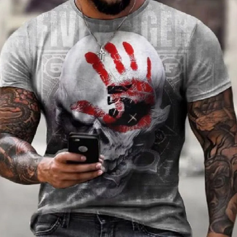 

Puimentiua 2021 Men's T-shirt Pleated Slim O-neck Short Sleeve Muscle Skull Flag Print Casual Top Shirt Summer Basic T-shirt New