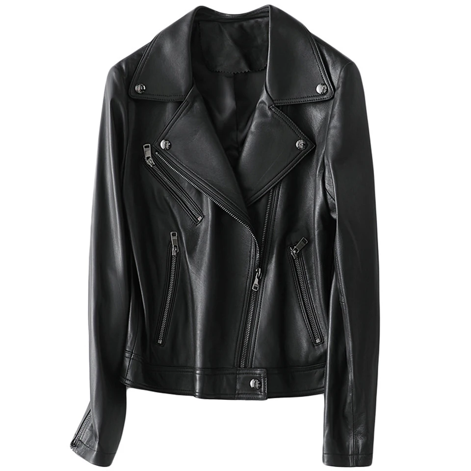 Women's Genuine Leather Jacket Short Sheepskin Suit Collar Slim Fit With Zipper Ladies Motorcycle Clothing Casual Fashion Style