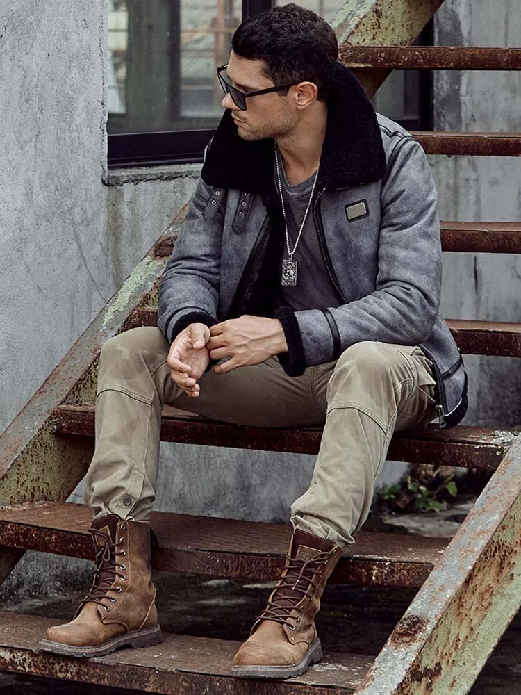 Denny&ampDora New Mens Shearling Coat B3 Bomber Jacket Grey Leather Overcoat Natural Sheepskin Parkas Short Winter Fur Outwear
