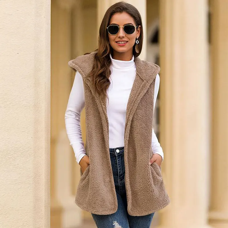 

Autumn Thermal Vest Women Waistcoat Long Vest Woman Hooded Sleeveless Jacket Plush Winter Female Vests For Women 2021