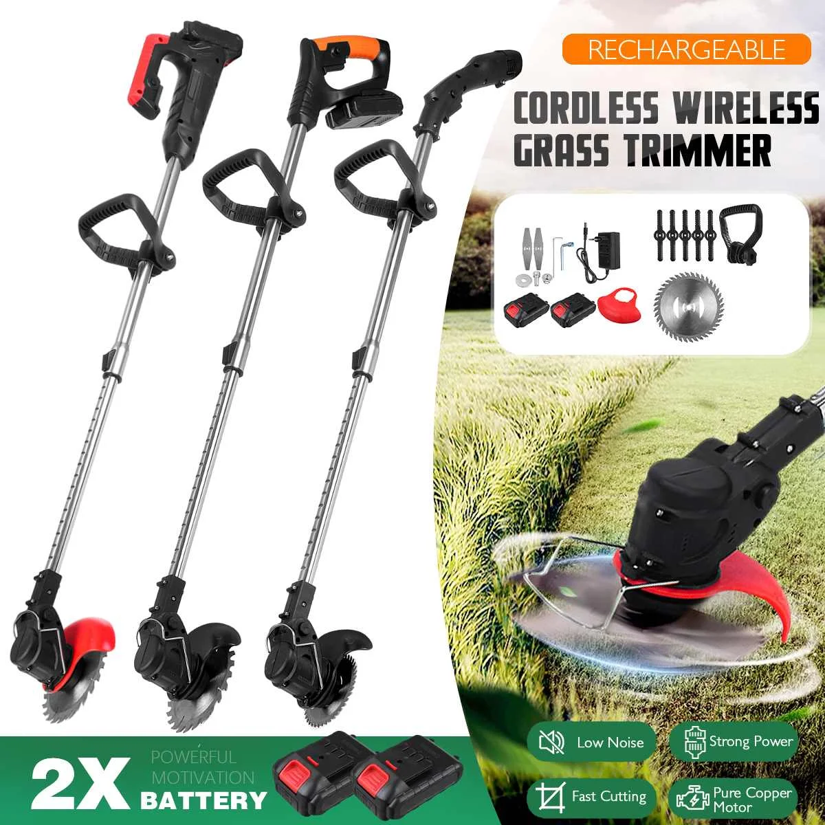 

1800W 36V/42V Electric Grass Trimmer with 2 Batteries Wireless Cordless Lawn Mower Length Adjustable Garden Pruning Cutter Tool