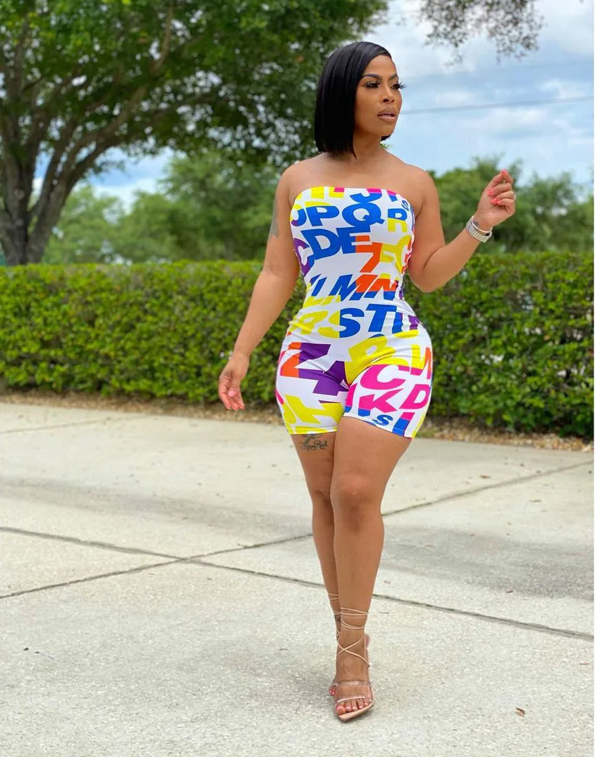 

RStylish Hot Sale Women Letter Print Strapless Sexy Club Bodycon Mid Waist High Stretch 2021 Summer One Piece Romper