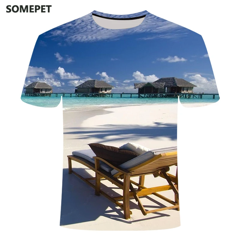

Creative Digital Printing Blue Sky Sea Coconut Tree Beach T-Shirt Summer Round Neck Refreshing T-Shirt Unisex Children