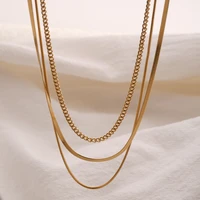 3pcs a set vintage multilayered stainless steel flat round snake link chain necklace for women girls trendy jewelry gift