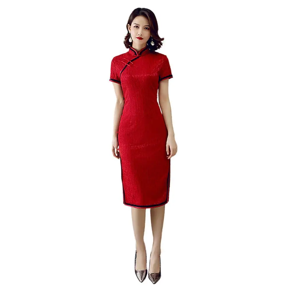 

Women Short Sleeve Lace Slit Hem Chinese Cheongsam Banquet Midi Bodycon Dress Traditional Chinese Clothing