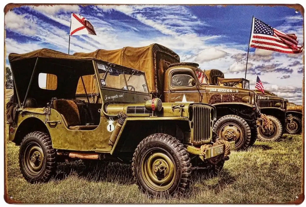 

Military Cars American Flag Retro Vintage Decor Metal Tin Sign 12 X 8