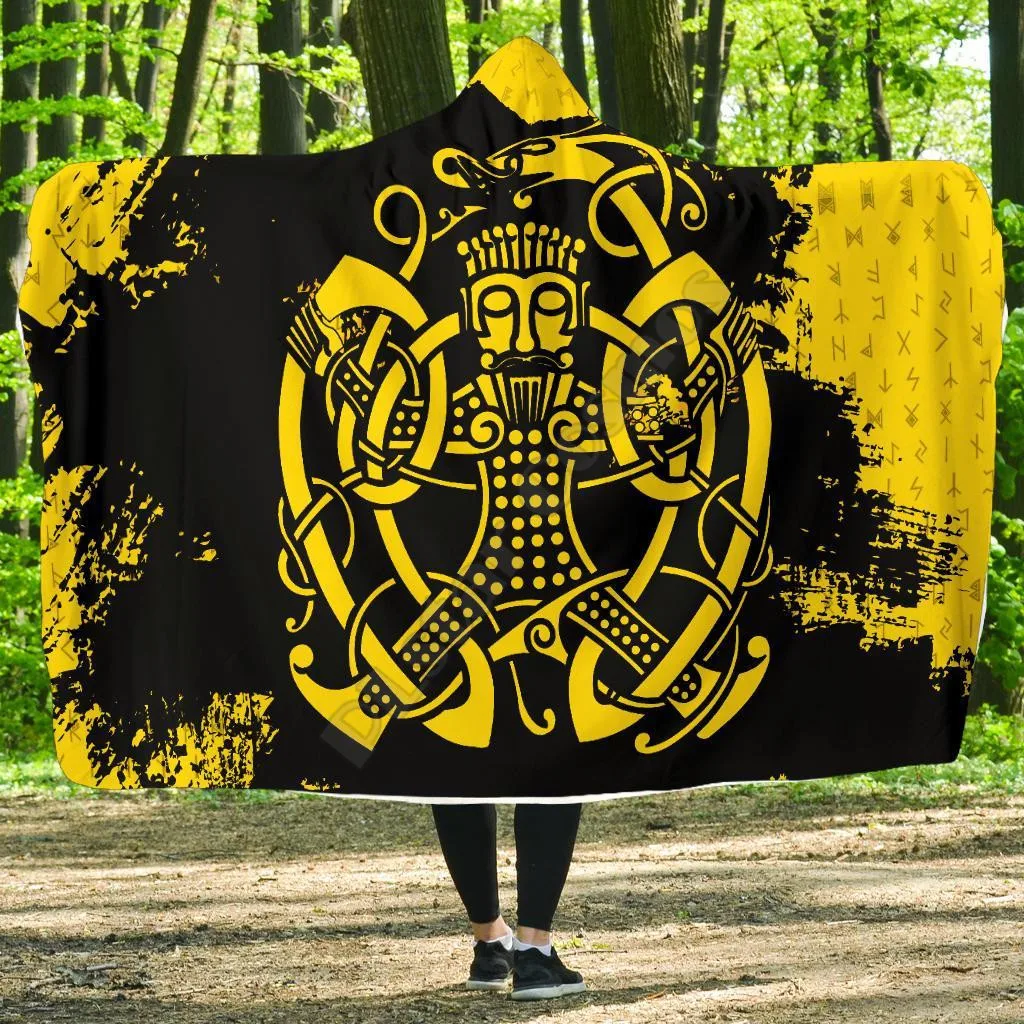 

Viking Style Hooded Blanket Loki Bound Triskele Rune Gold 3D Printed Wearable Blanket Adults For Kids Hooded Blanket
