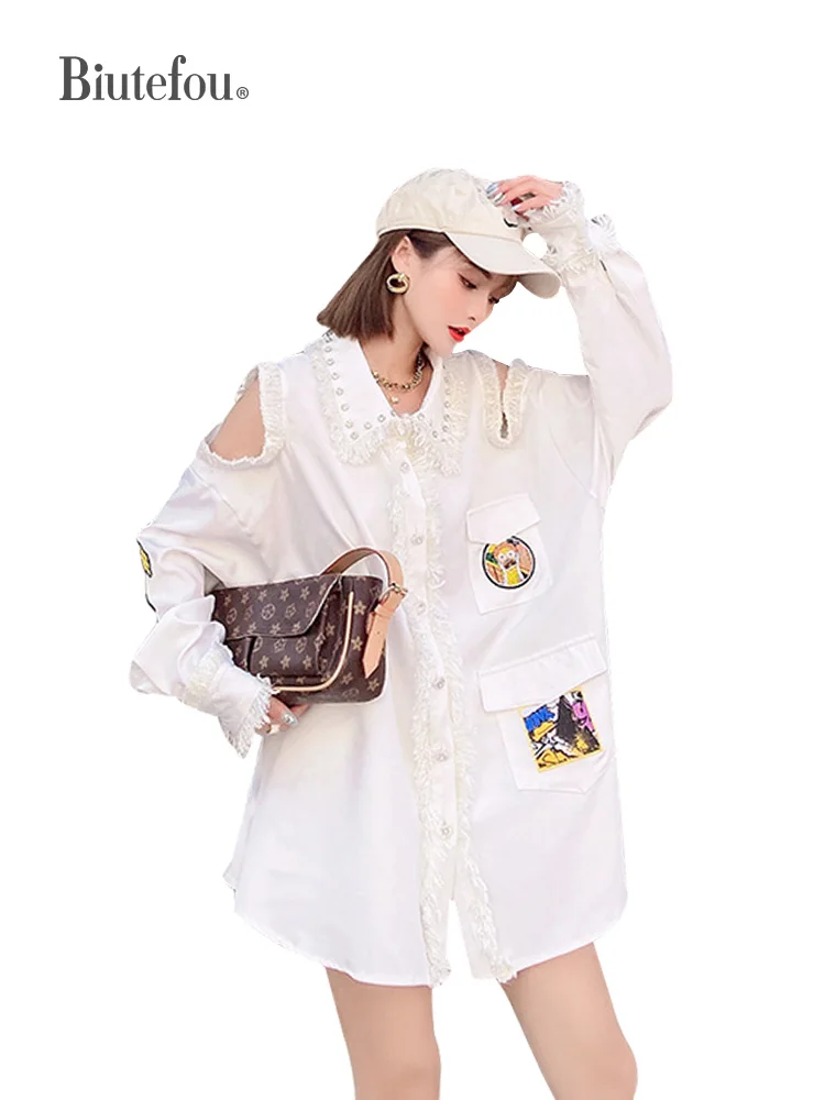 

2021 Весна Для женщин длинные вышивальный знак открытая футболка с кисточками