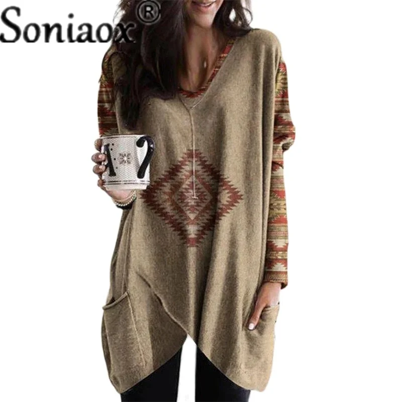 

2021 New Autumn Winter Women's Long-Sleeve Prismatic Printing V-Neck T-Shirt Ladies Casual Loose Pocket Irregular Tops