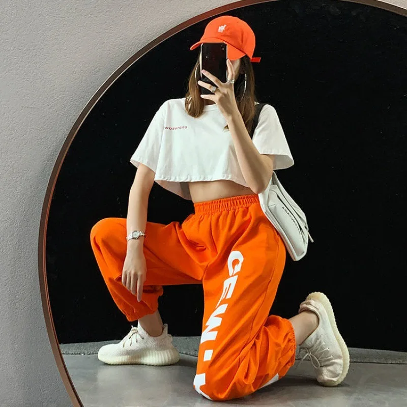

Letters Printed Pants Female Loose Spring And Autumn Hip Hop Hip Hip Hippers Dance Foot width Leg Leisure Sweers INS TIDE