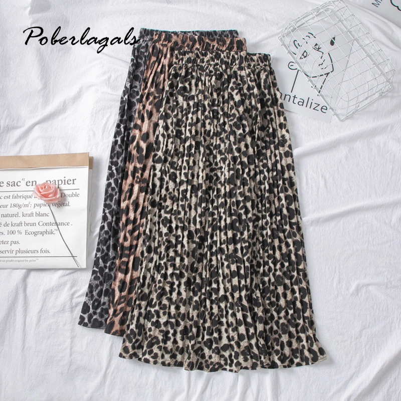 

Summer women vintage elegant leopard skirt 2020 lady wild print high waist pleated beach skirts womens Casual skirts female