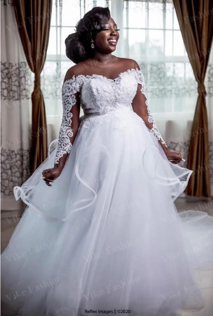 

2020 Plus Size Arabic Lace Beaded Cheap Wedding Dresses Sheer Neck Bridal Dresses Long Sleeves Bride Custom Wedding Gowns