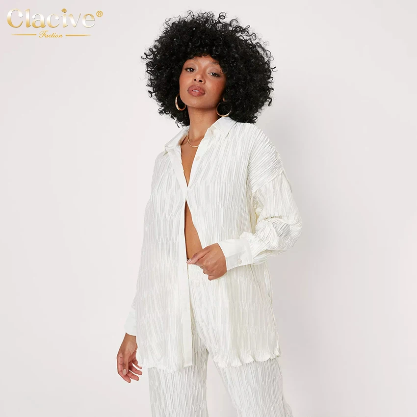 

Clacive White Chic Pants Set Women Casual Long Sleeve Blouse Two Piece Set Female Fashion Loose High Waist Wide Trousers Suits