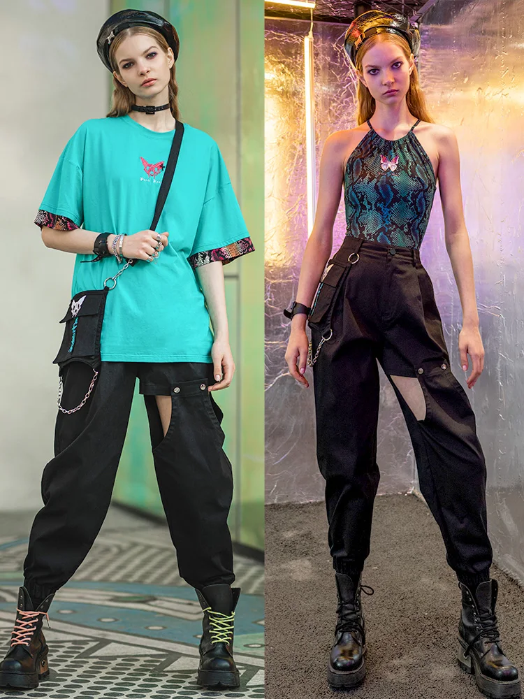 PUNK RAVE Girl's Punk Black Overalls Summer Hollowed-out Sexy Cargo Pants Women Trendiness Slacks Casual Trousers Streetwear