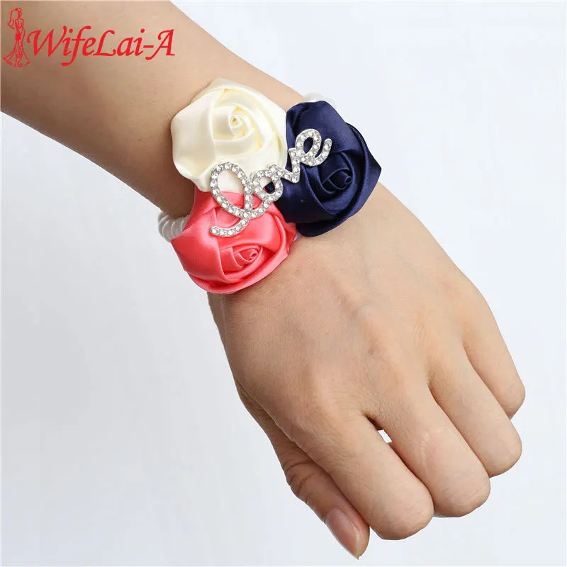 

Искусственный жемчуг, искусственный кристалл на запястье, для подружек невесты, ручной цветок на запястье, Шелковая Роза, корсажный браслет...