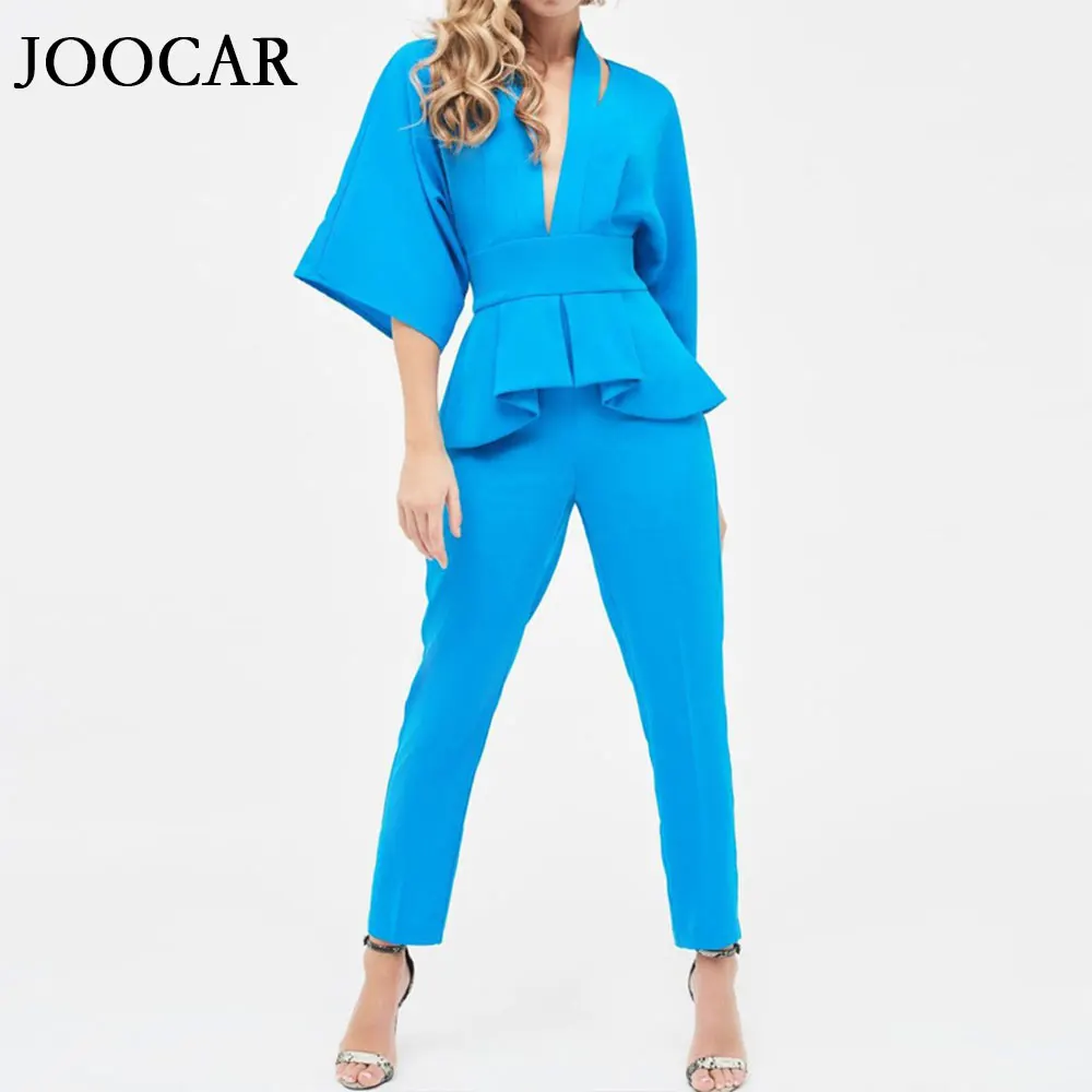 

joocar 2020 Sexy Deep V half Sleeve Ruffle Solid Color Elegant Jumpsuit JC1018