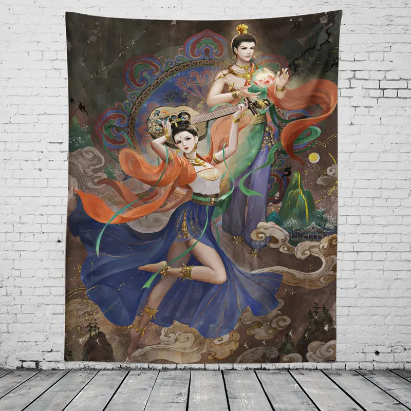 

Vintage Chinese Dunhuang Flying Living Room Tapestry Fairy Tapestry Decorative Painting Hanging Cloth Background Cloth