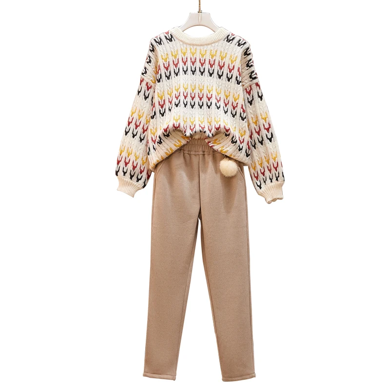 

New autumn/winter lazy style thick pullover sweater suits tall waist leisure woolen pants two-piece outfit women clothing set